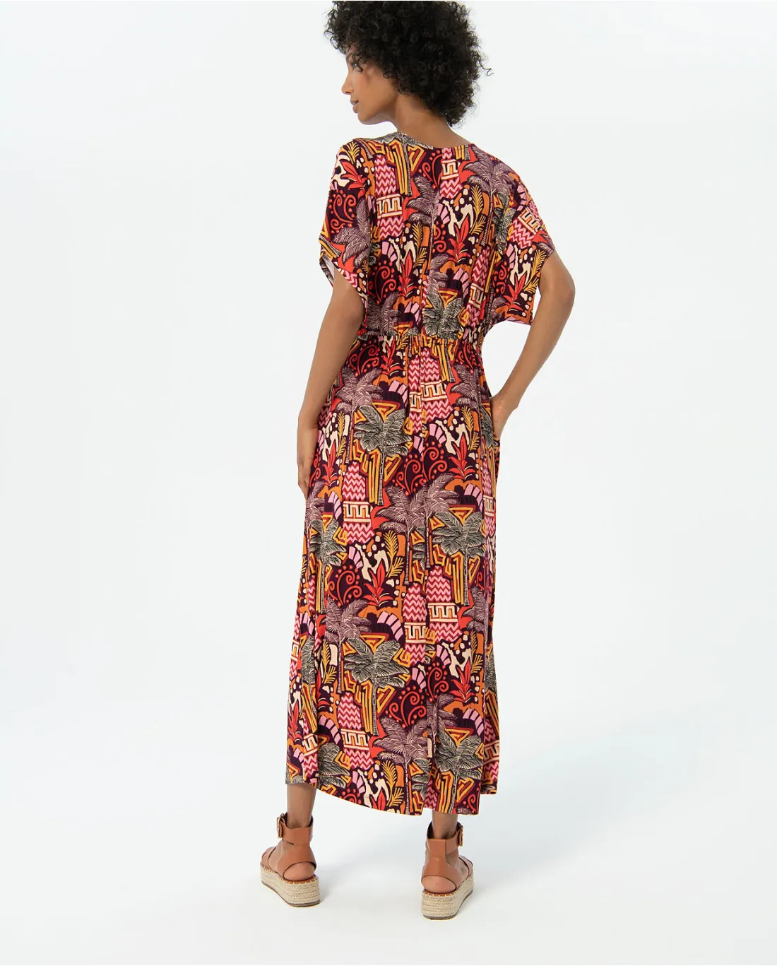 711- Multi Print V Neck Batwing Long Dress- Surkana