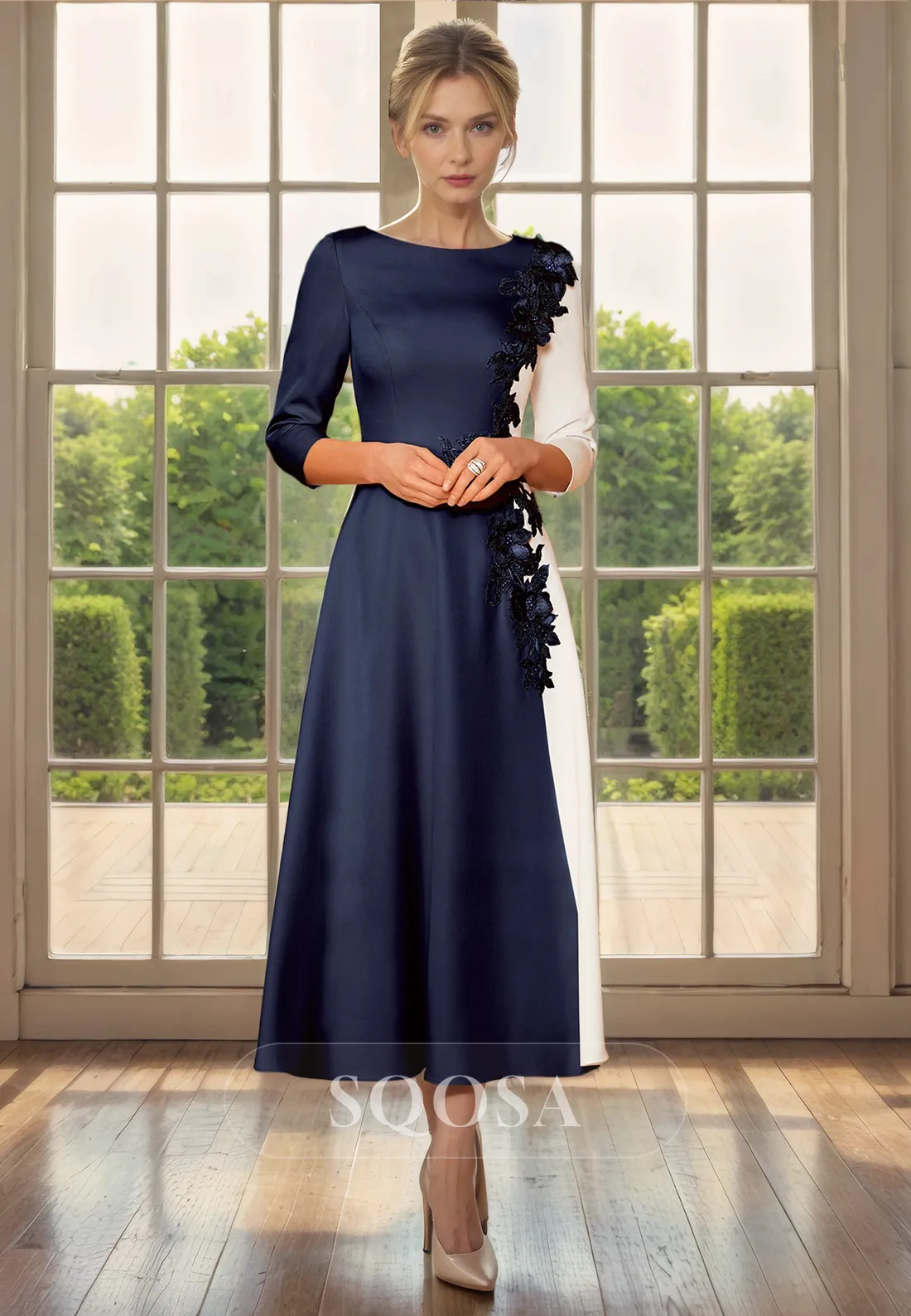 A Line Bateau 3D Flowers 3/4 Sleeves Mother of the Bride Dress for Wedding