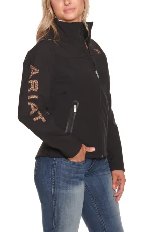 Ariat Women's Black with Leopard Print Logo Sleeve New Team Softshell Jacket