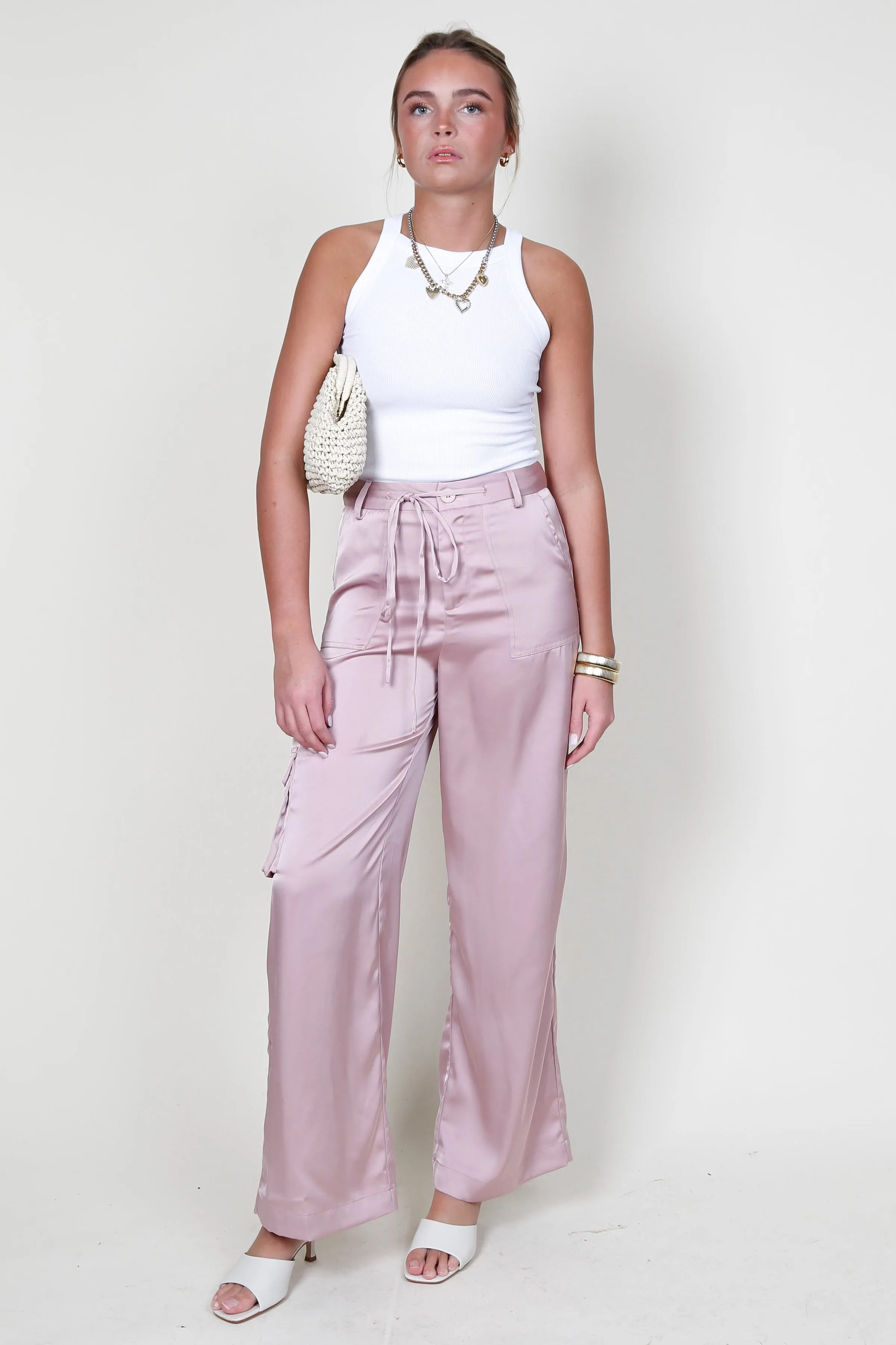 AUREUM | Satin Cargo Pants - Pink