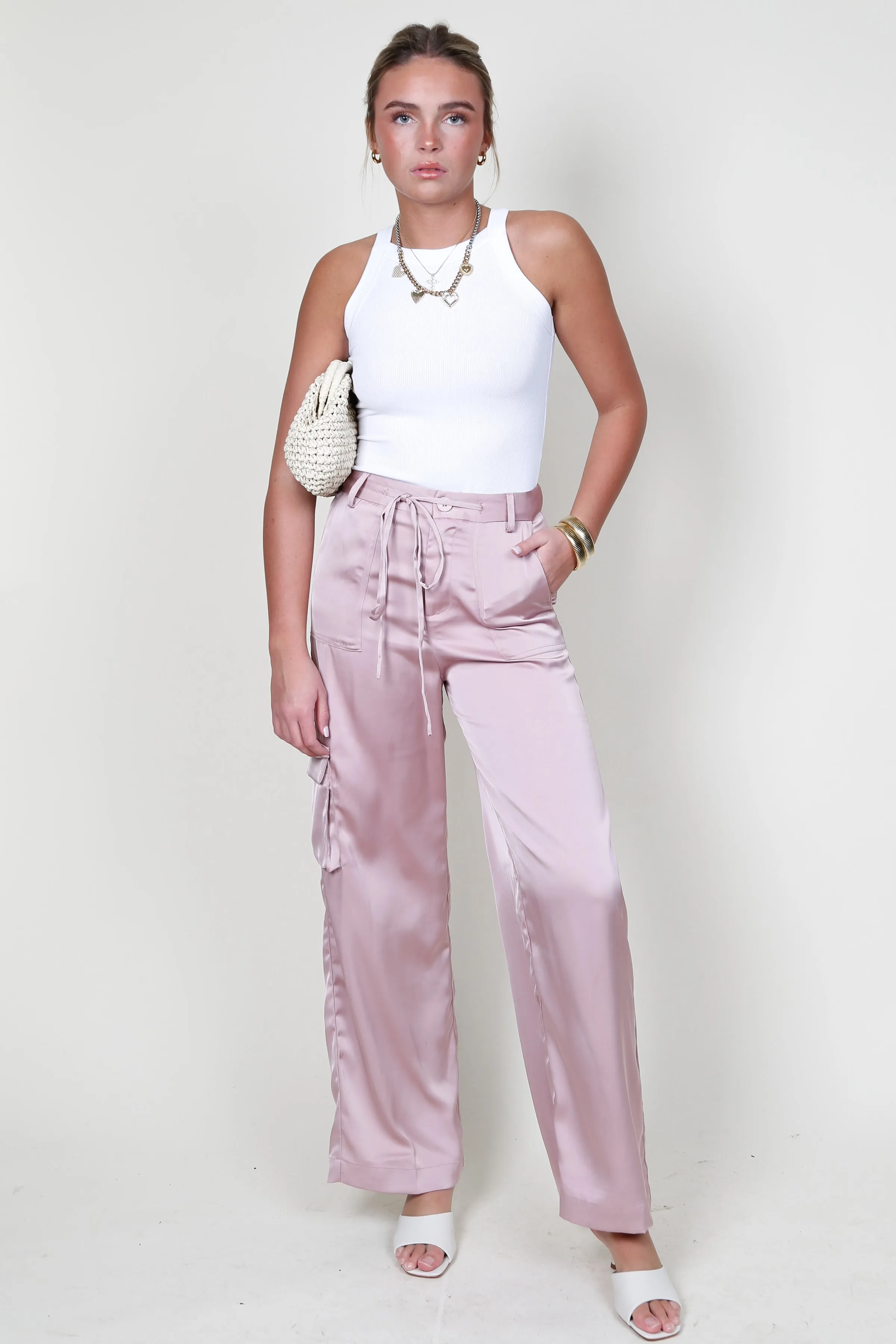 AUREUM | Satin Cargo Pants - Pink