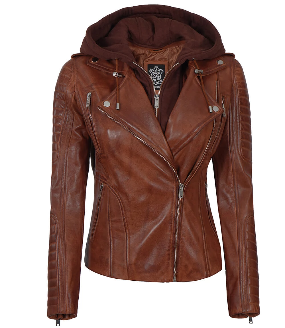 Bagheria Women's Cognac Biker Leather Jacket with Removable Hood