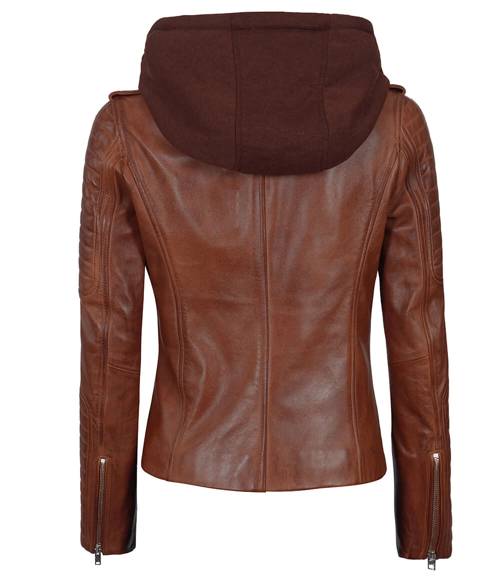 Bagheria Women's Cognac Biker Leather Jacket with Removable Hood