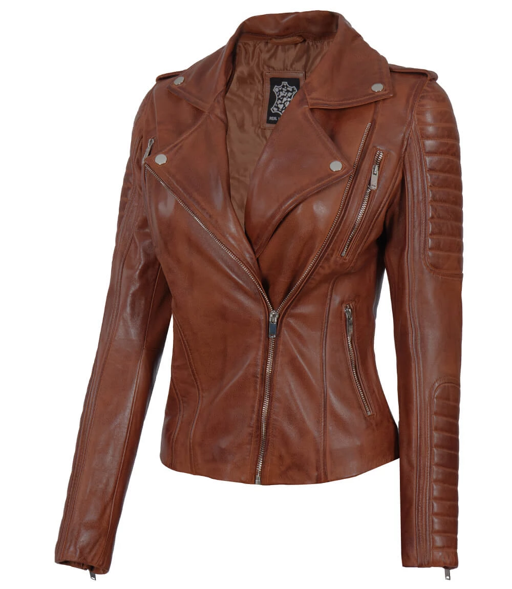 Bagheria Women's Cognac Biker Leather Jacket with Removable Hood