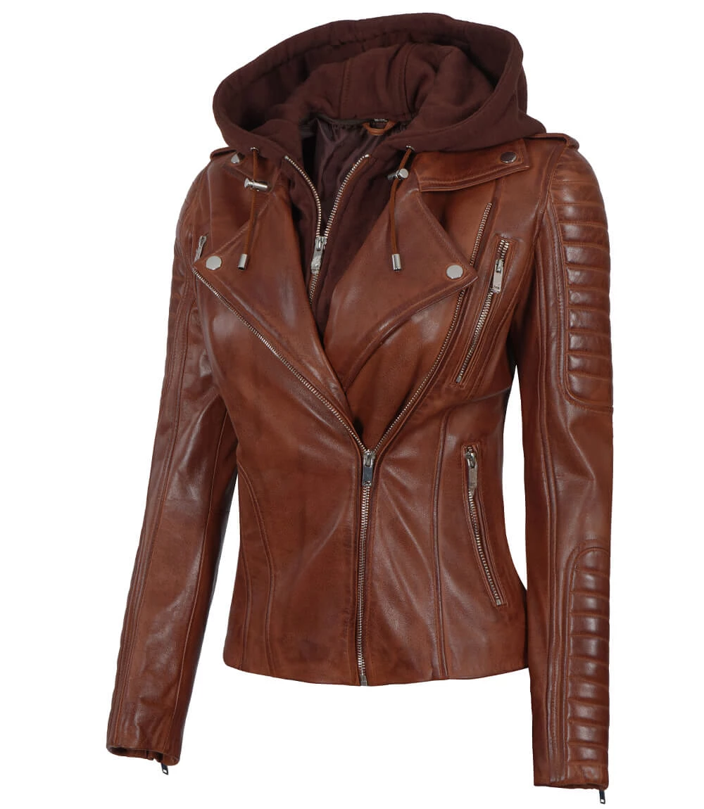 Bagheria Women's Cognac Biker Leather Jacket with Removable Hood