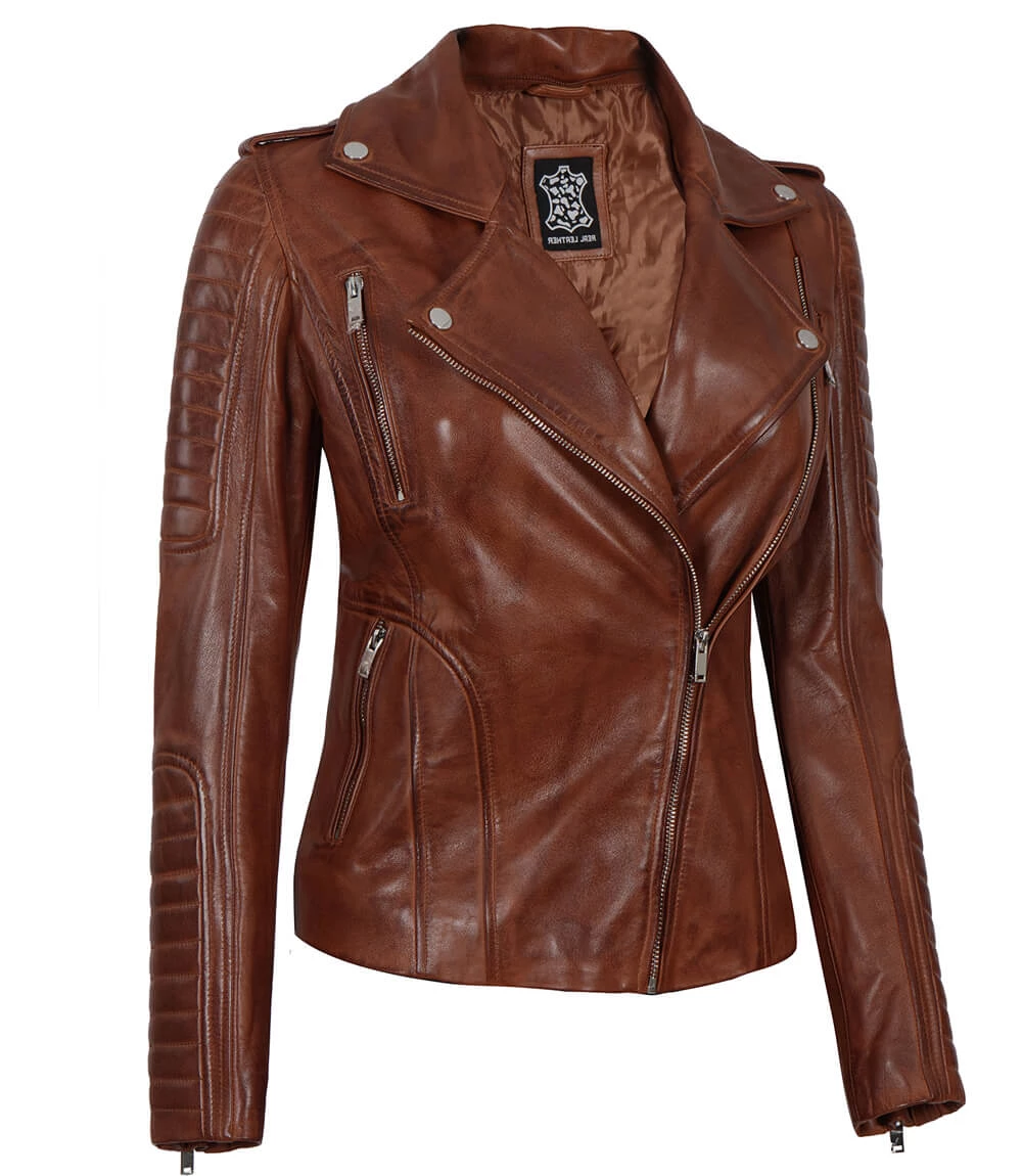 Bagheria Women's Cognac Biker Leather Jacket with Removable Hood