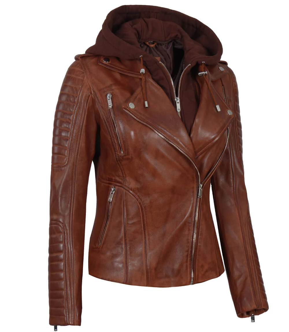 Bagheria Women's Cognac Biker Leather Jacket with Removable Hood