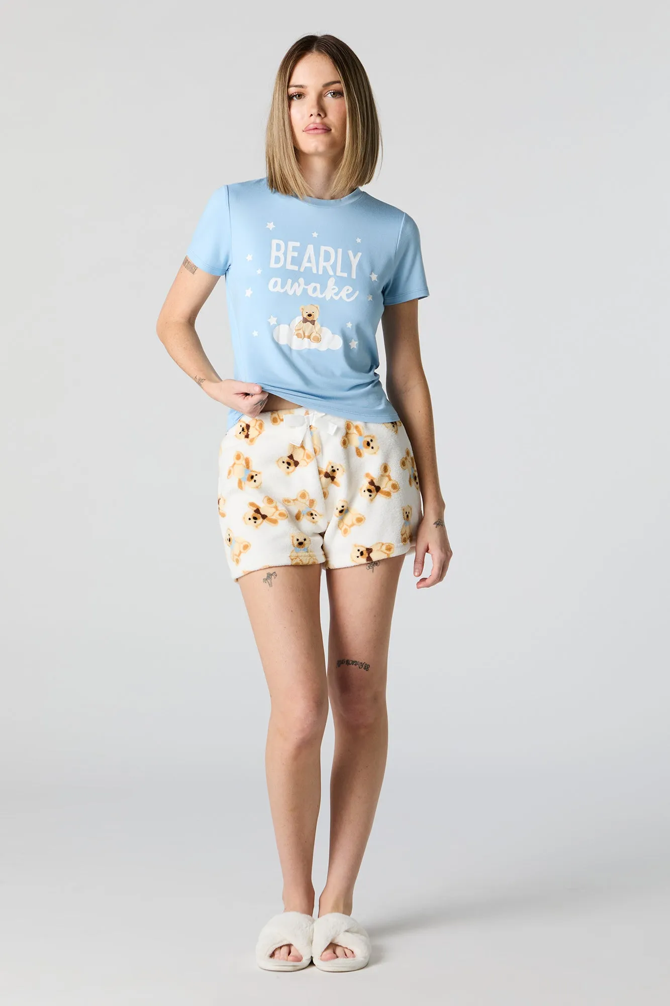 Bearly Awake Graphic T-Shirt and Plush Short 2 Piece Pajama Set