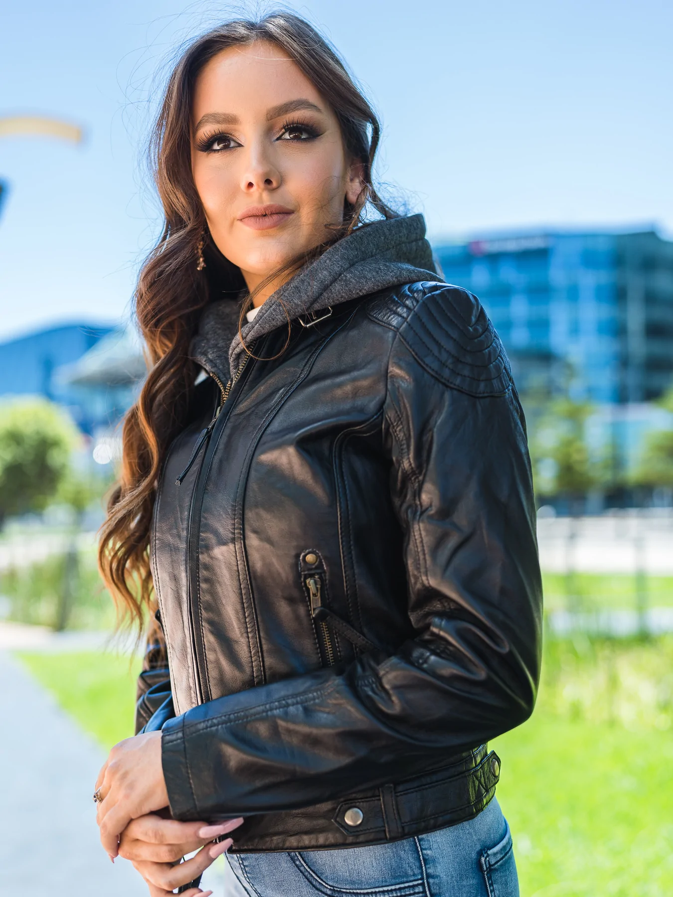 Black Hooded Leather Jacket Womens