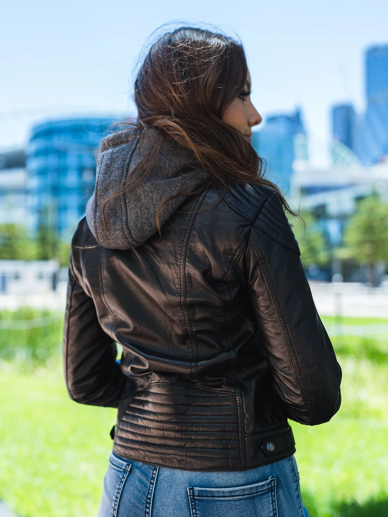 Black Hooded Leather Jacket Womens