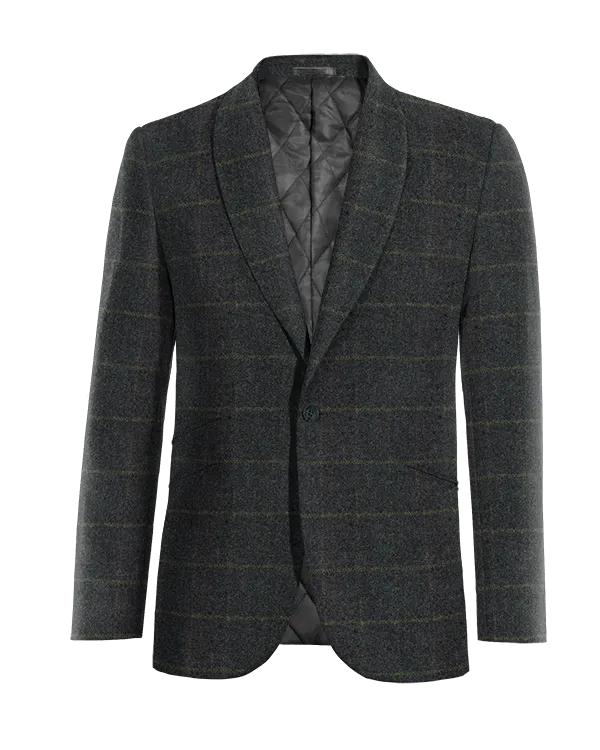  Blazer azul de tweed a cuadros solapa redonda