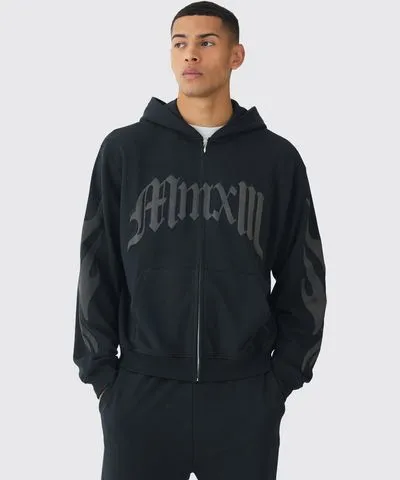 boohoo Mens Oversized Boxy Gothic Rhinestone Loopback Zip Through Hoodie