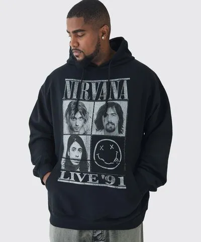 boohoo Mens Plus Oversized Nirvana License Print Hoodie