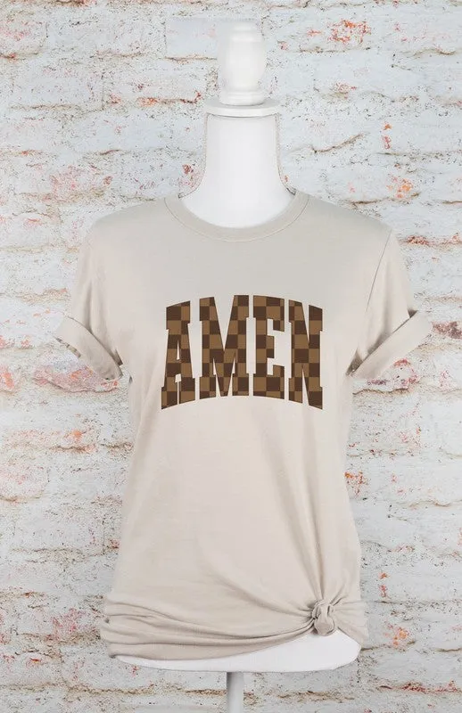 Brown Checkered AMEN Graphic Tee