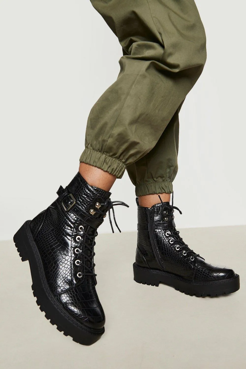 Buckled Croc Lace Up Hiker Boot