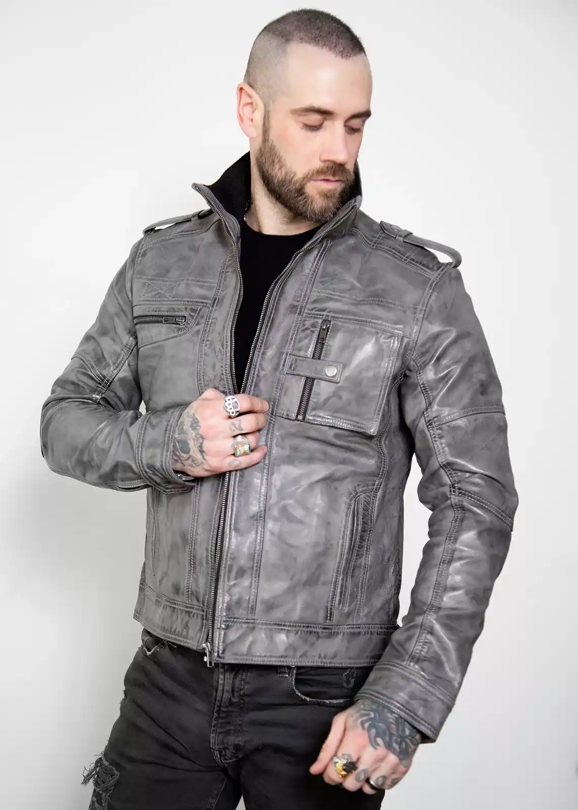 Buy Men's Gray Military Style Distressed Leather Jacket