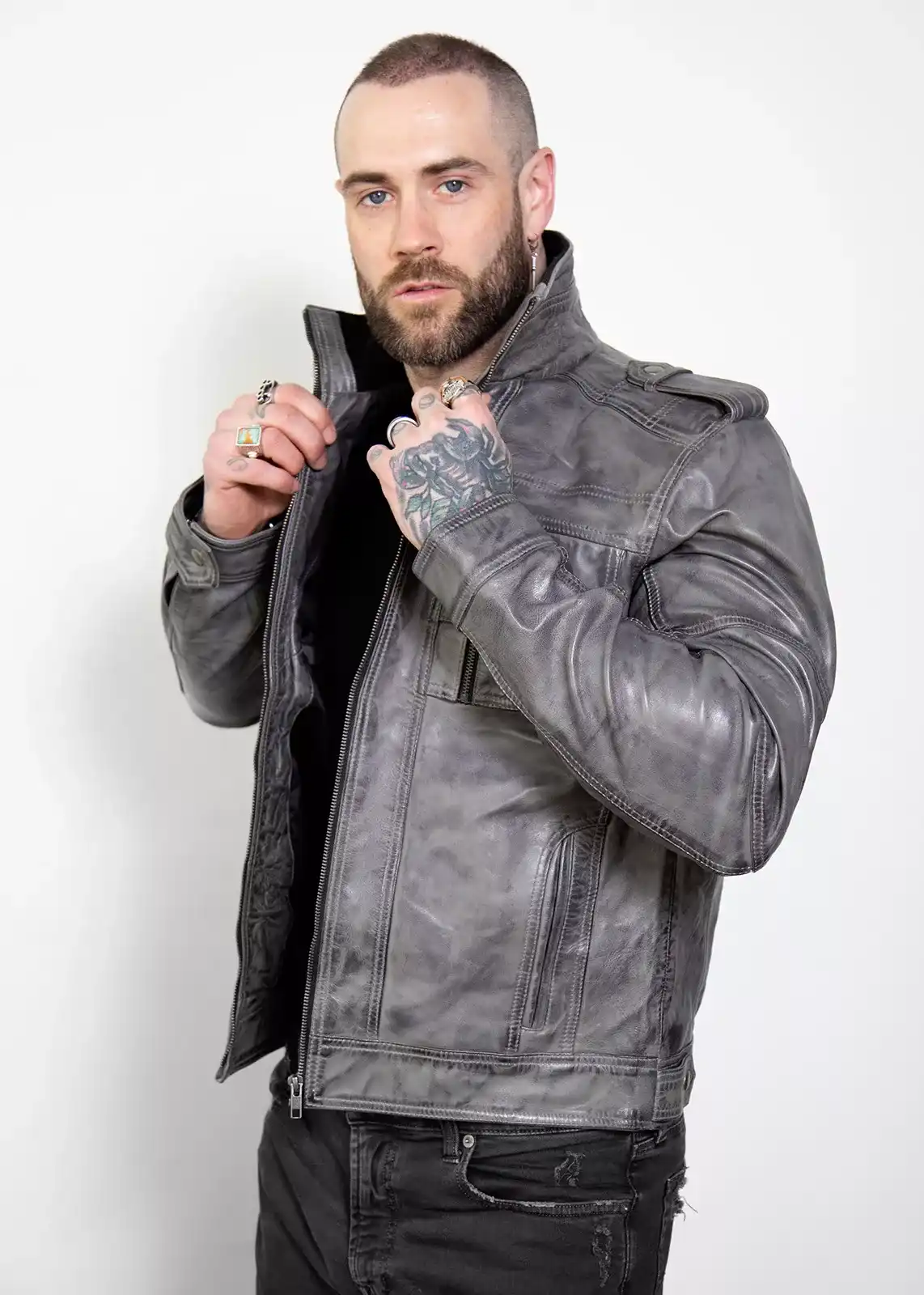 Buy Men's Gray Military Style Distressed Leather Jacket