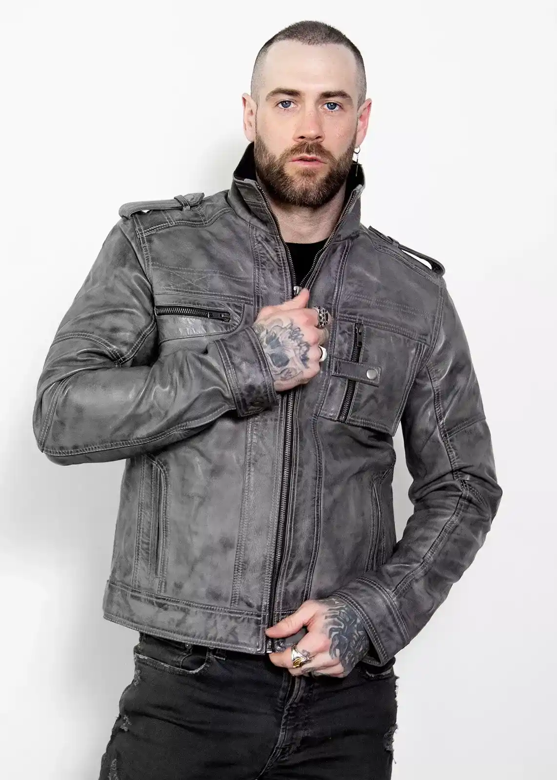 Buy Men's Gray Military Style Distressed Leather Jacket