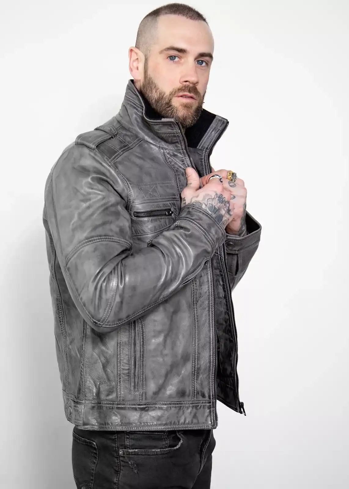 Buy Men's Gray Military Style Distressed Leather Jacket