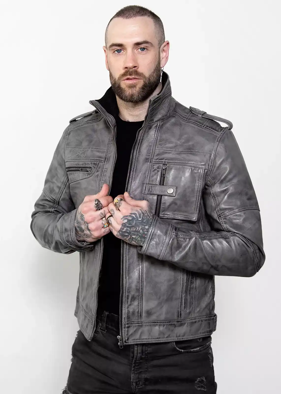 Buy Men's Gray Military Style Distressed Leather Jacket