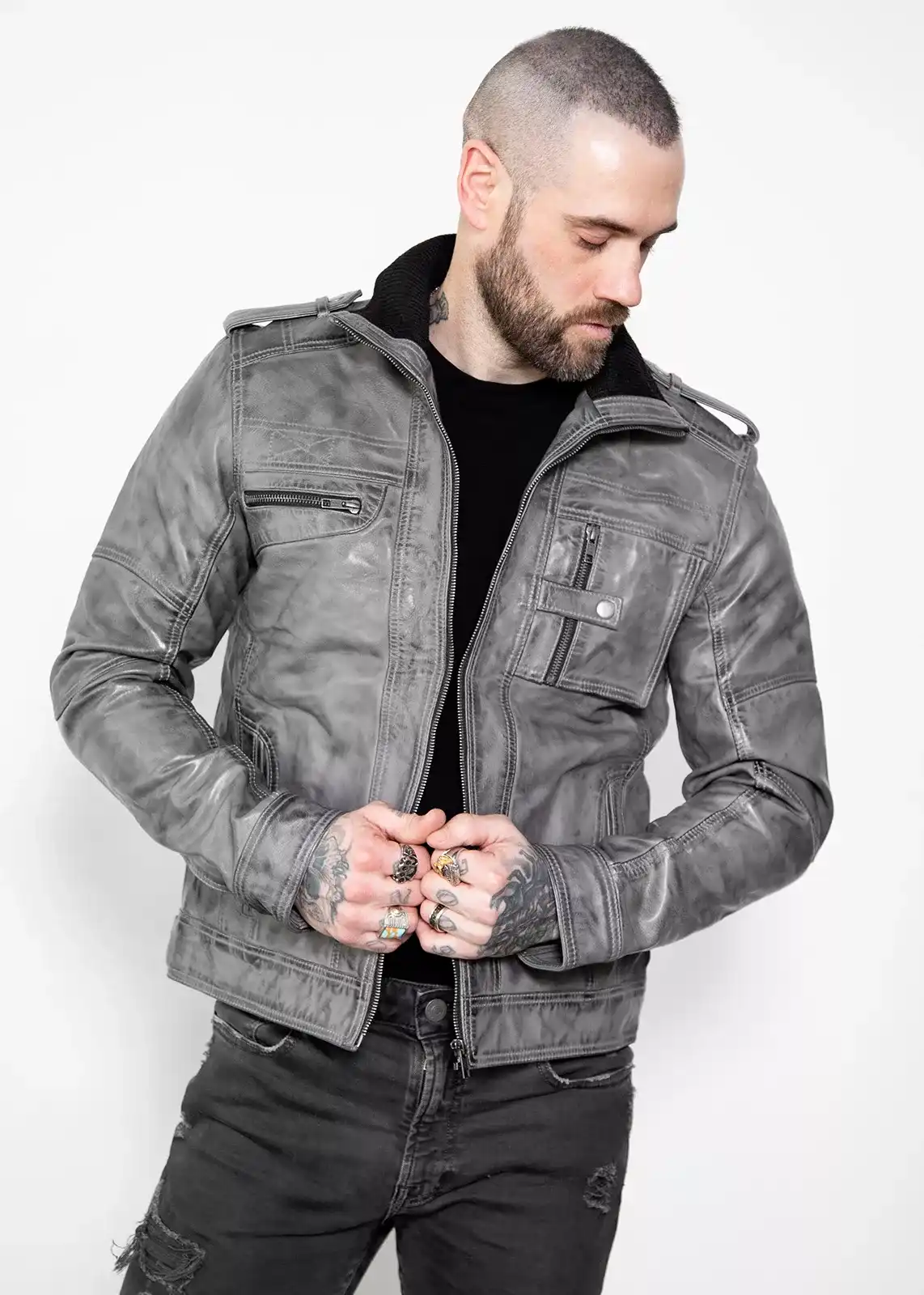 Buy Men's Gray Military Style Distressed Leather Jacket