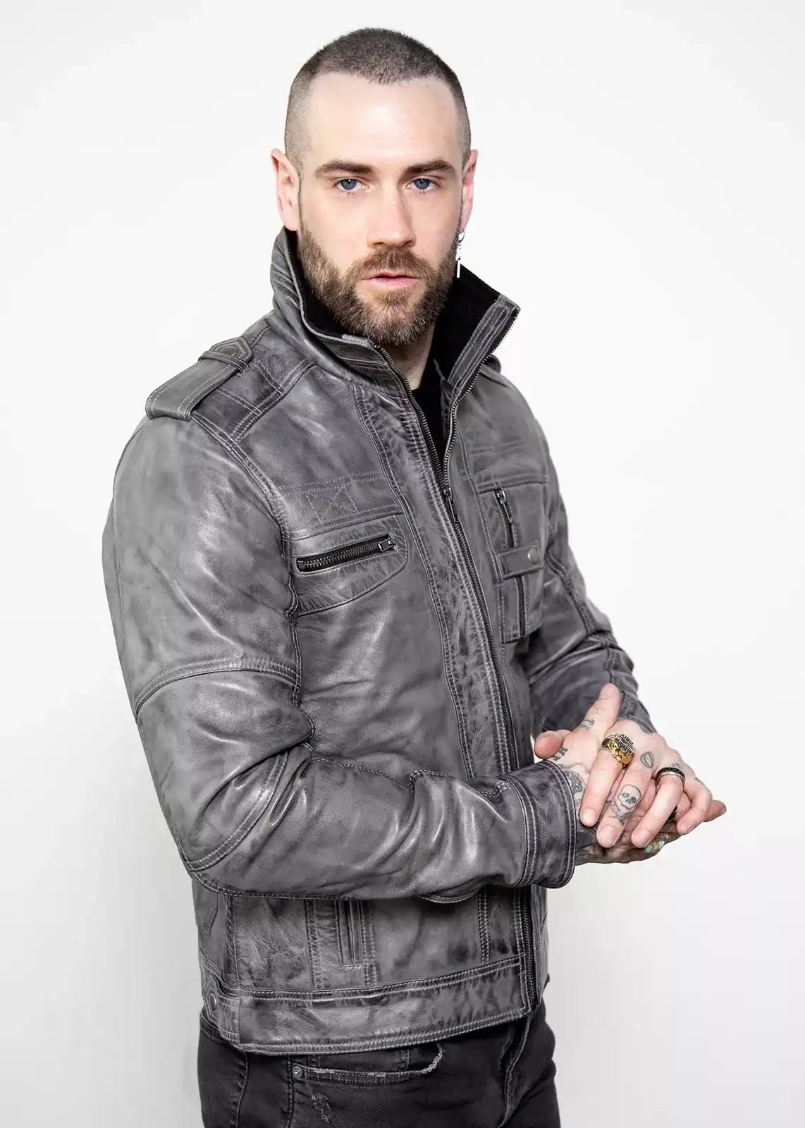 Buy Men's Gray Military Style Distressed Leather Jacket