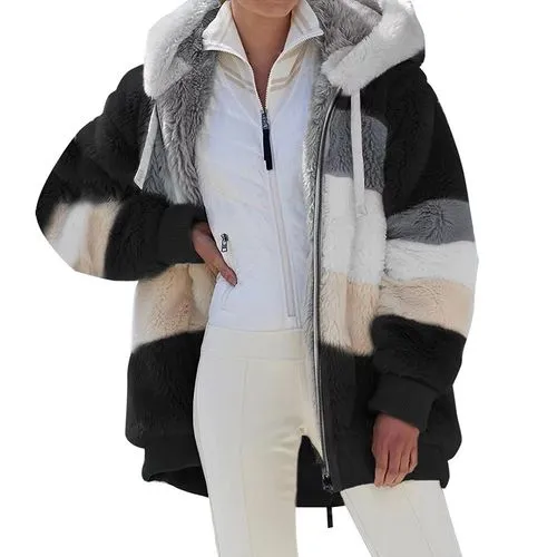 Fashion Stripe Patchwork Contrast Binding Polyester Zipper Coat