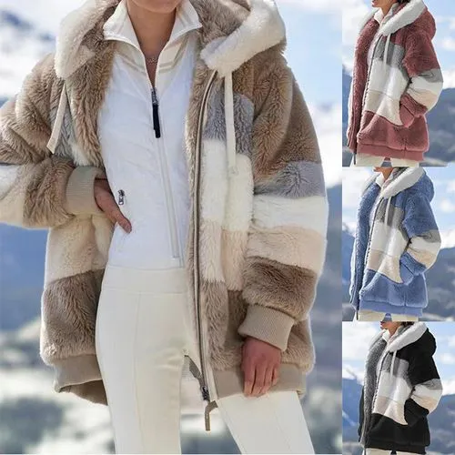 Fashion Stripe Patchwork Contrast Binding Polyester Zipper Coat