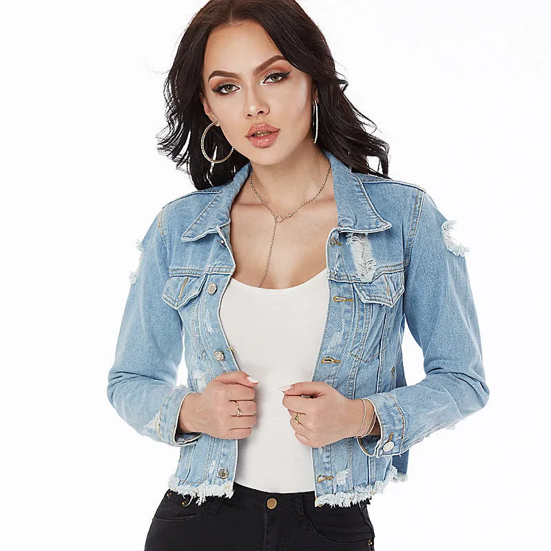 Frayed Hem Ripped Denim Jacket