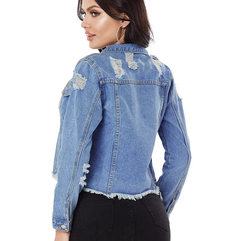 Frayed Hem Ripped Denim Jacket