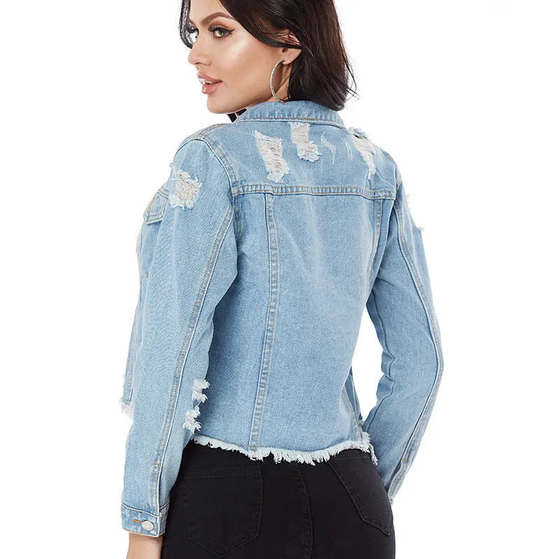 Frayed Hem Ripped Denim Jacket