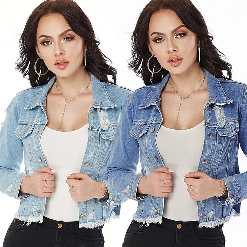 Frayed Hem Ripped Denim Jacket