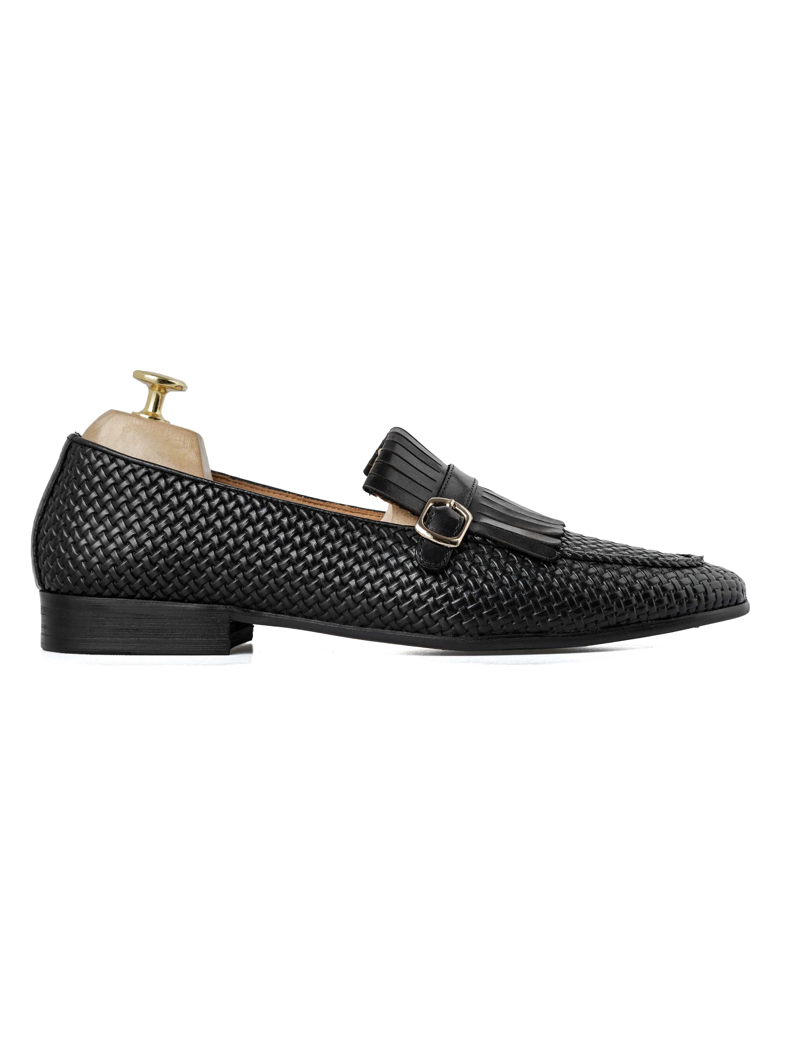 Fringe Kiltie Loafer - Black Woven Leather with Side Buckle (Hand Painted Patina)