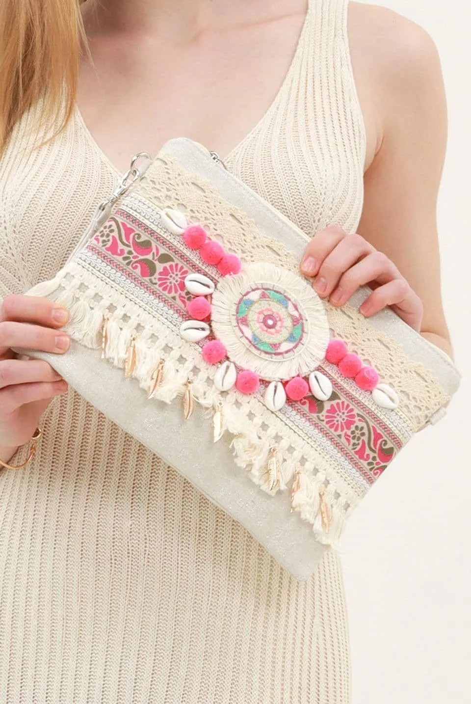 Fuchsia Tassel Boho Clutch Bag