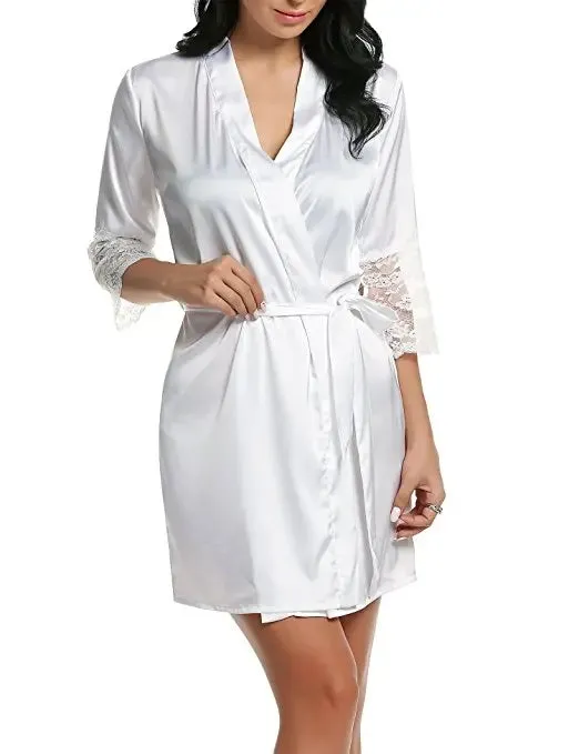 Ladies' Lace Satin Robe Gown Solid Soft Nightgown Nightwear Kimono