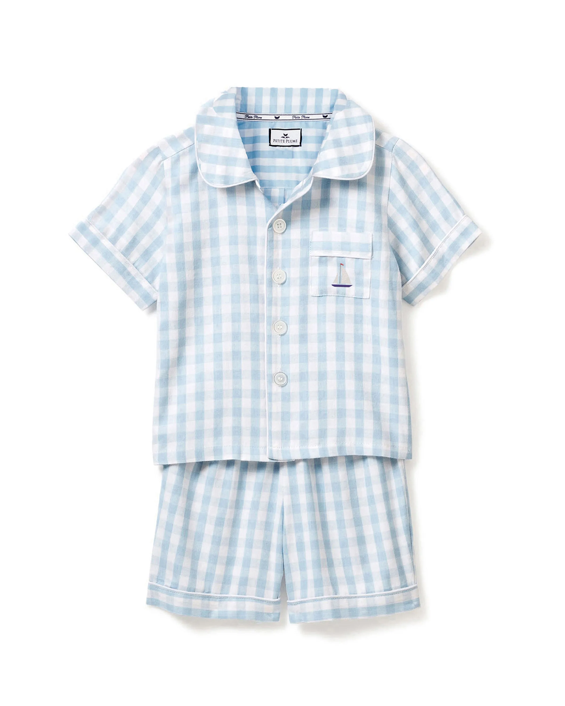 Light Blue Gingham Short Pajama Set - Sailboat