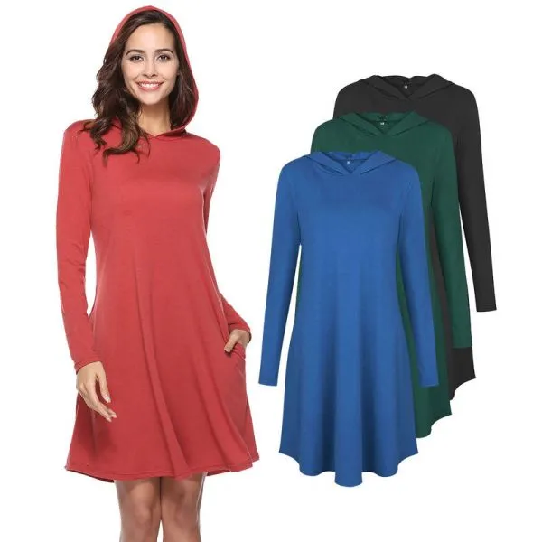 Long sleeve dress with hood plain colored