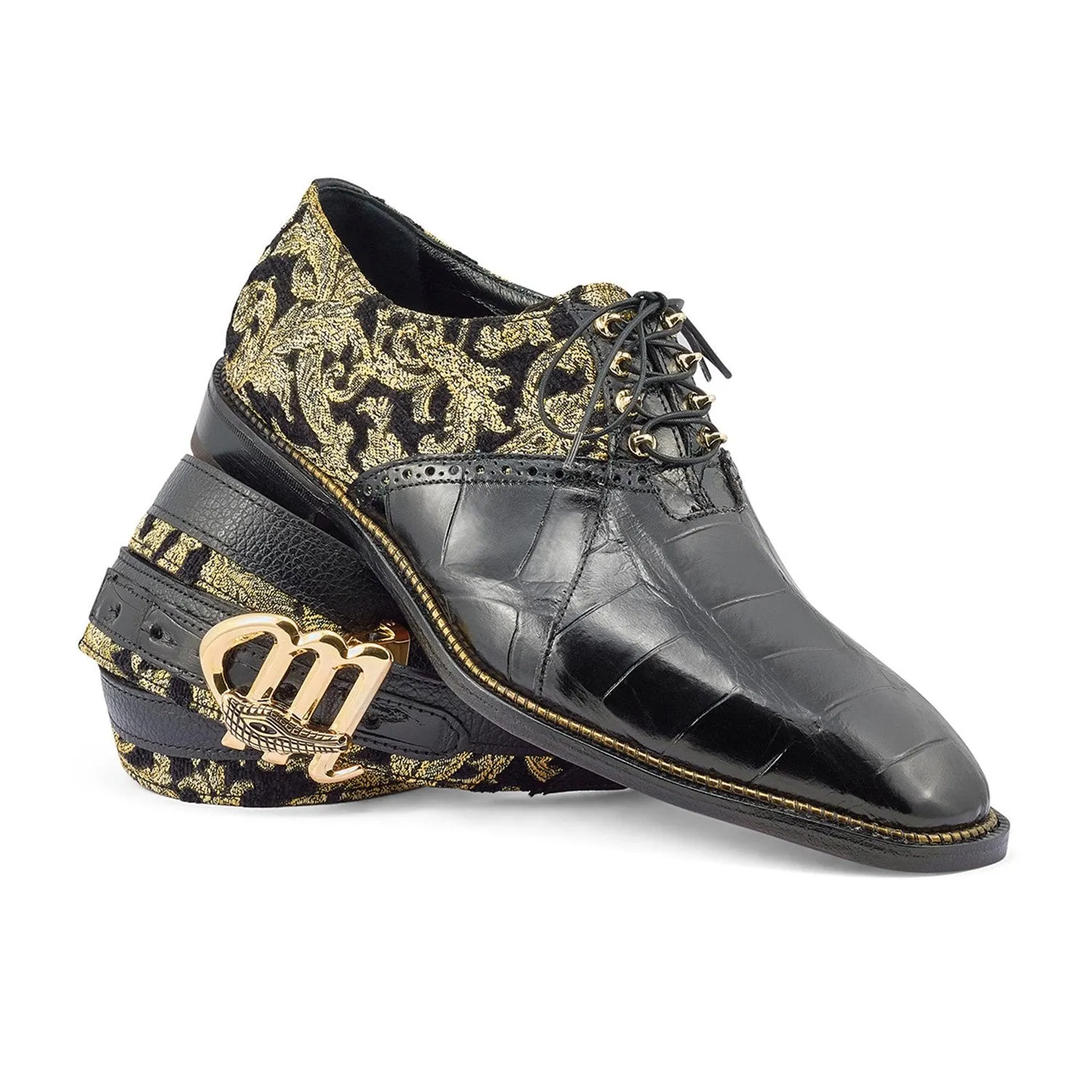 Mauri 4936 Smooth Men's Shoes Black & Gold Exotic Alligator / Didier Fabric Oxfords (MA5361)