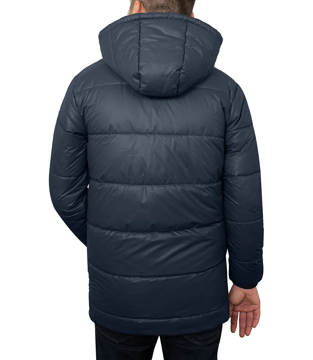 Men's 3/4 Length Blue Hooded Parka Jacket - Puffer Style