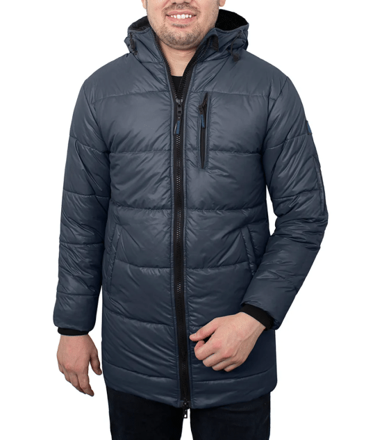 Men's 3/4 Length Blue Hooded Parka Jacket - Puffer Style