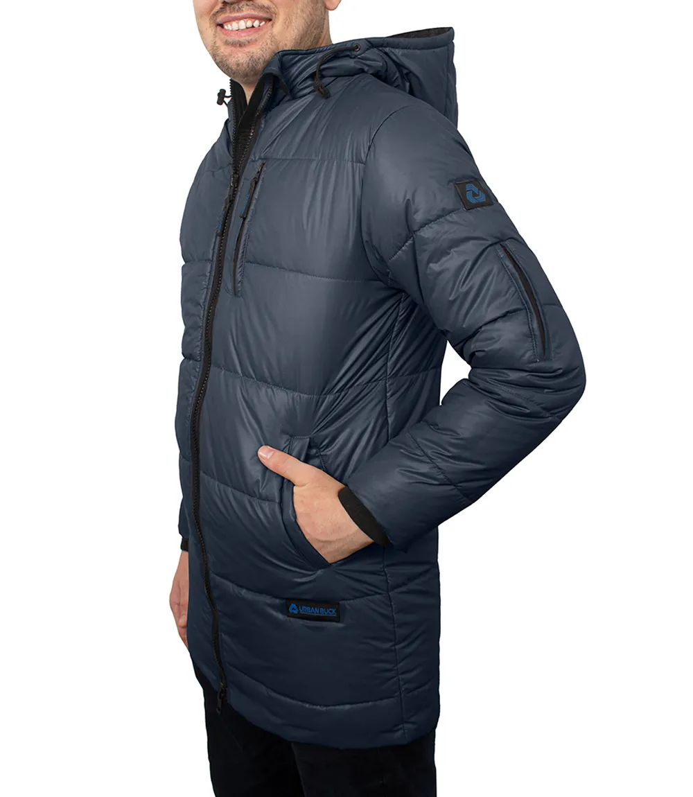 Men's 3/4 Length Blue Hooded Parka Jacket - Puffer Style