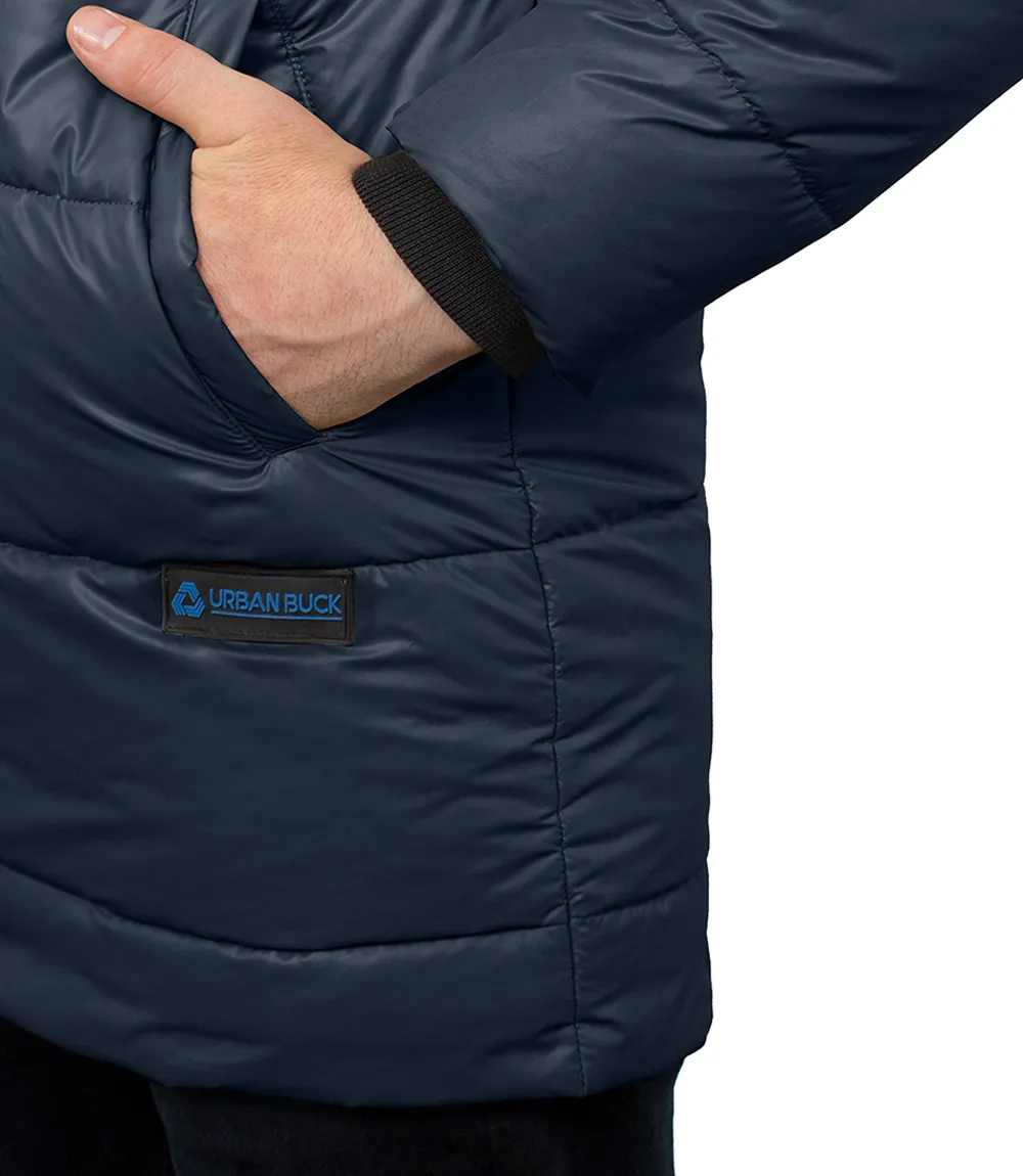 Men's 3/4 Length Blue Hooded Parka Jacket - Puffer Style