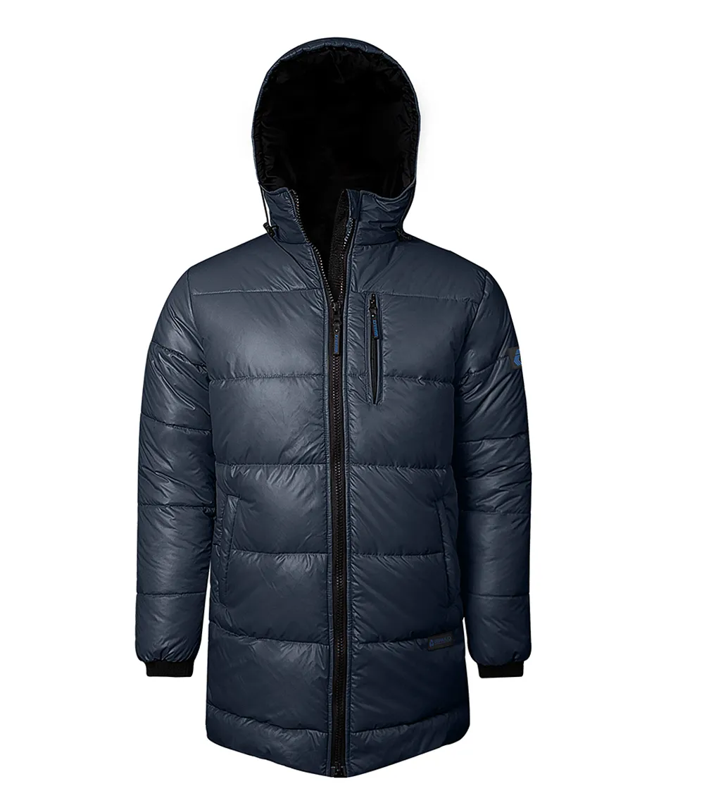 Men's 3/4 Length Blue Hooded Parka Jacket - Puffer Style