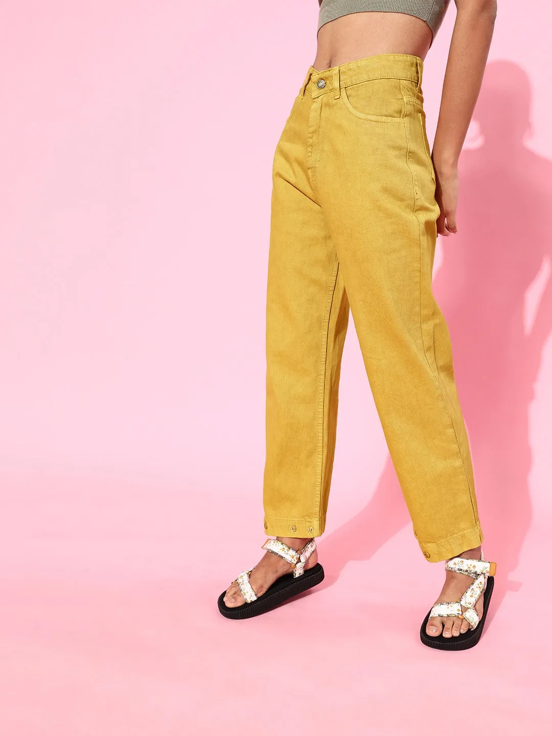 Mustard Button-Hem Slouchy Jeans