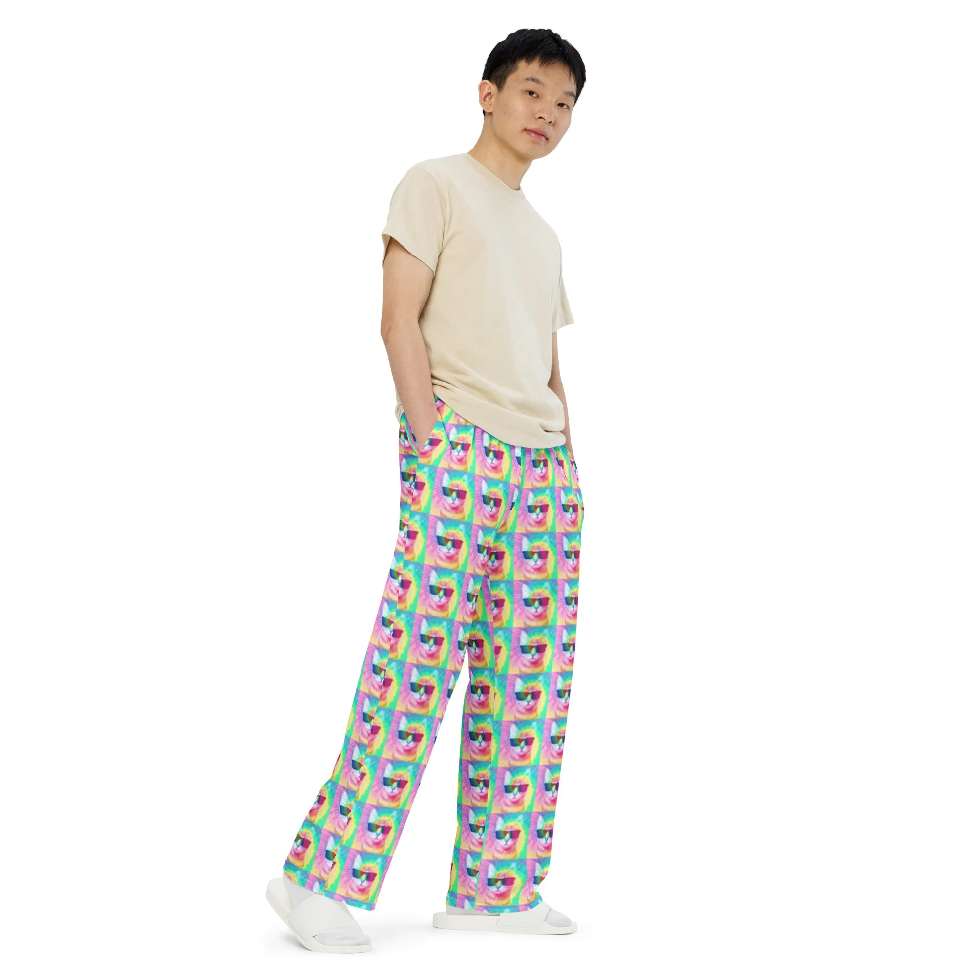 Pastel Tie-Dye Cat All Over Print Unisex Wide-Leg Pajama Pants with Pockets