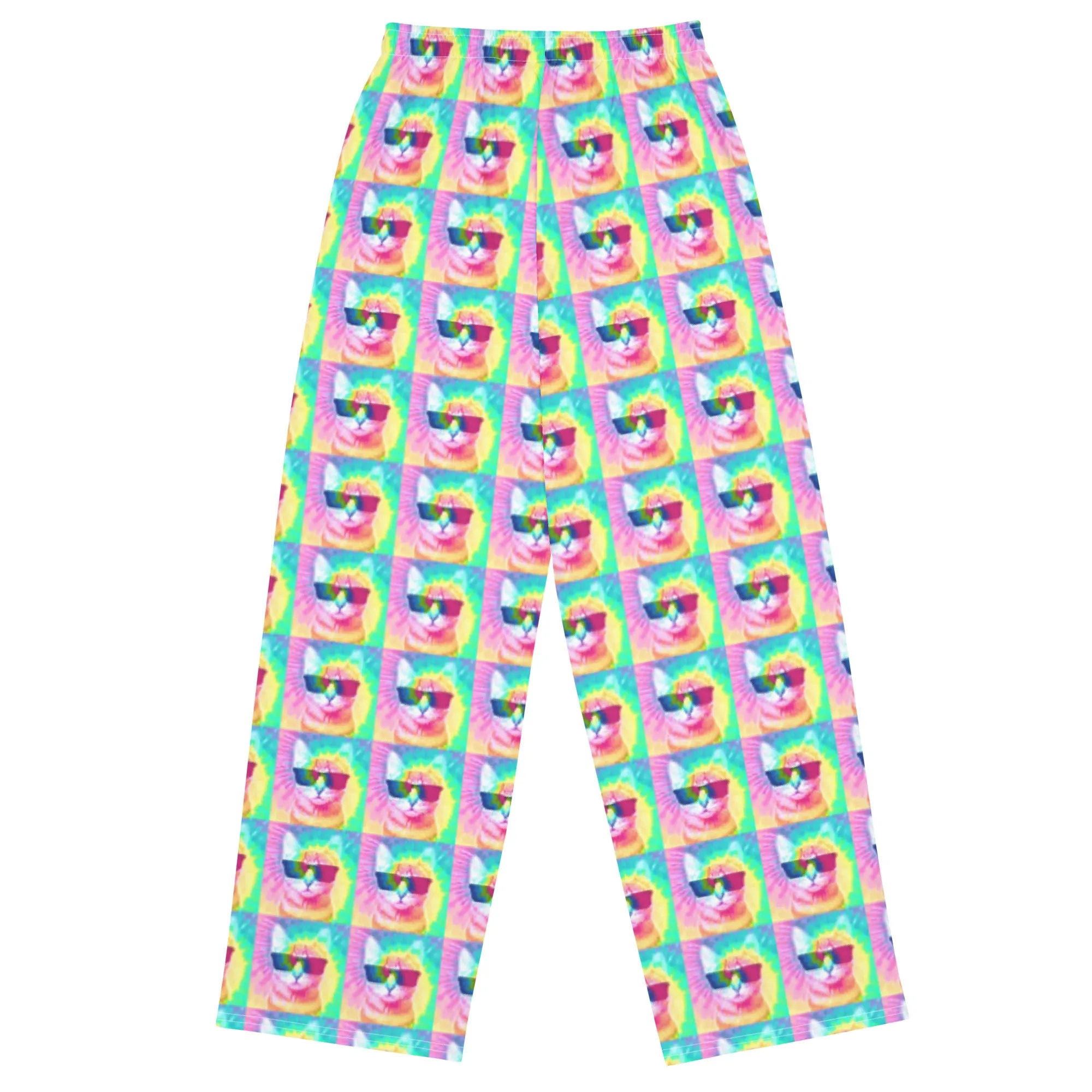 Pastel Tie-Dye Cat All Over Print Unisex Wide-Leg Pajama Pants with Pockets