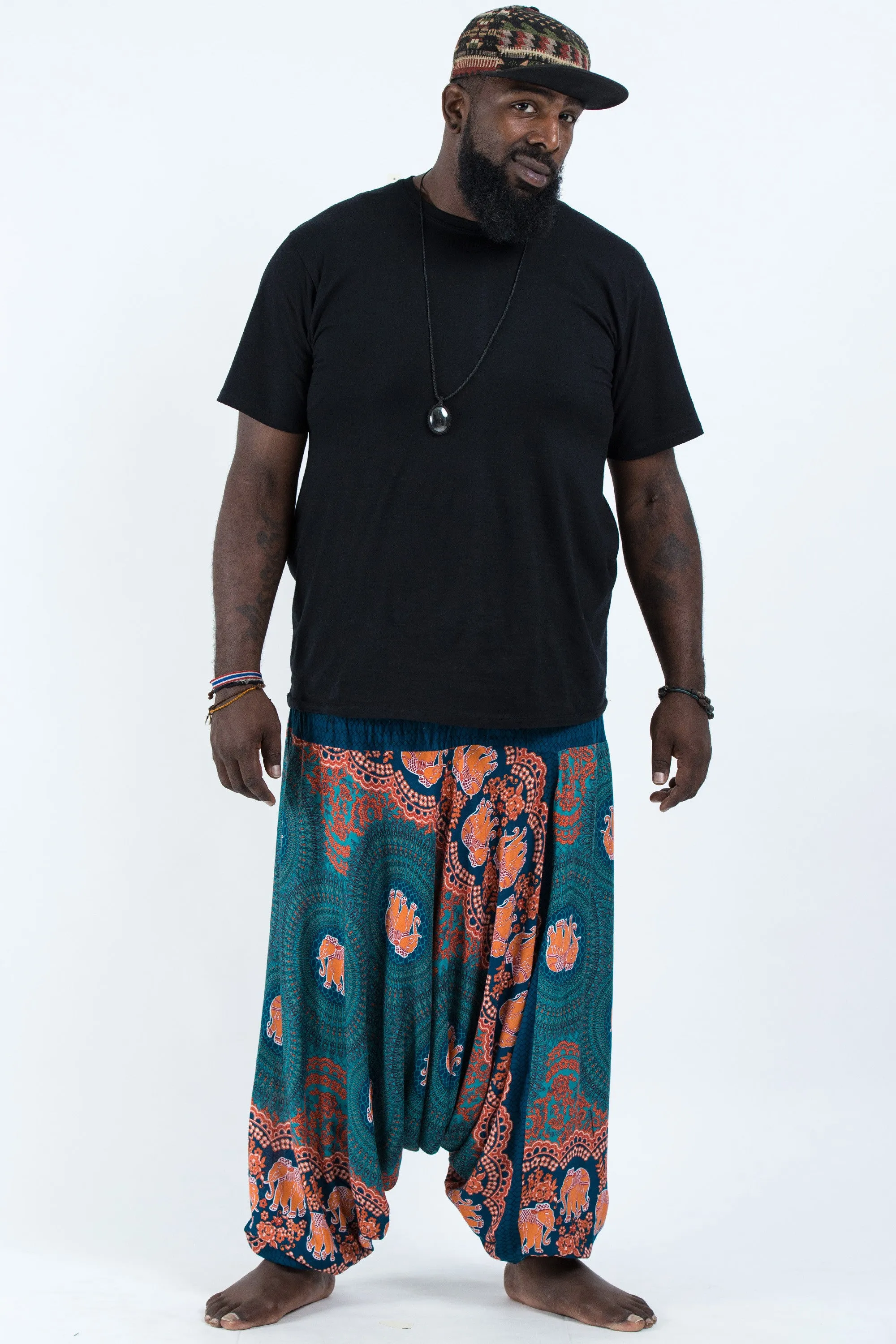 Plus Size Mandala Elephant Drop Crotch Men's Elephant Pants in Turquoise