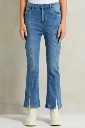 Senior Girls Blue Skinny Flared Jeans With Front Slit