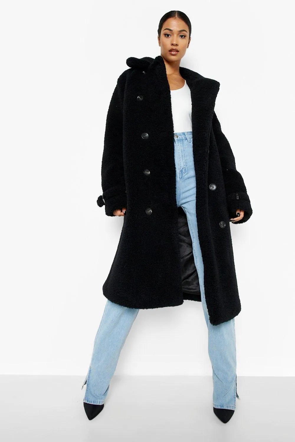 Tall Faux Fur Cuff Detail Longline Coat