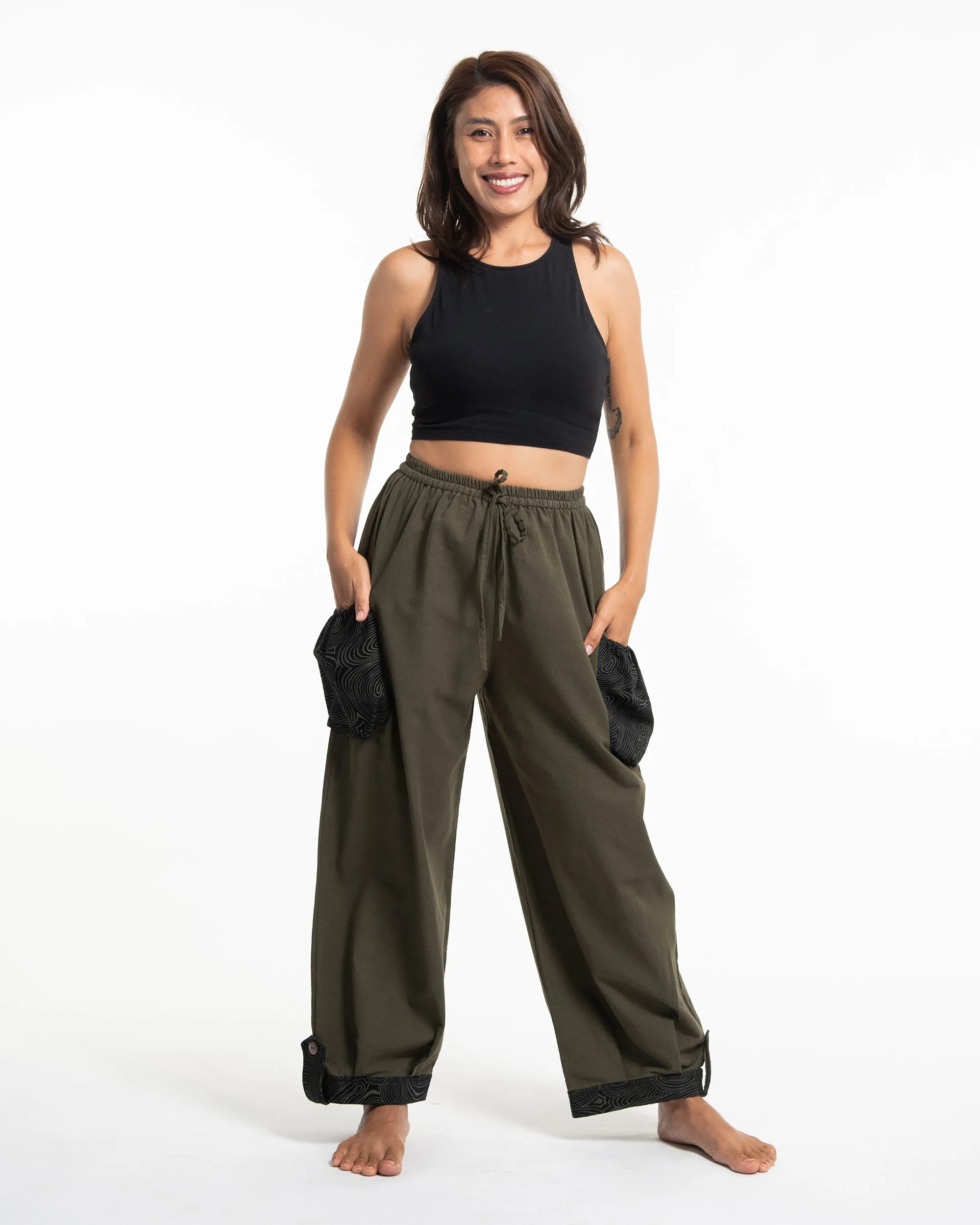 Thai Cotton Women Drawstring Pants With Hill Tribe Trim Olive